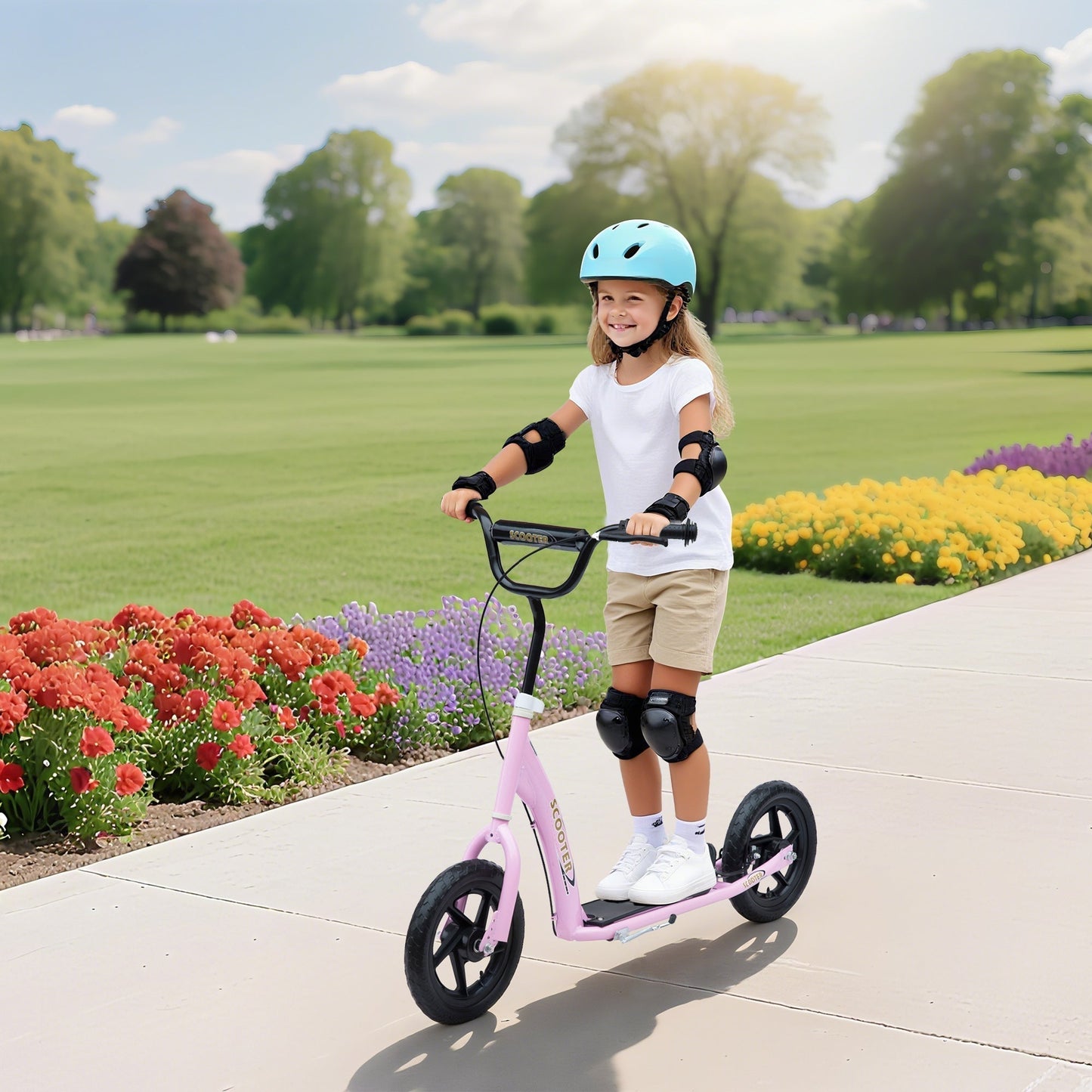 HOMCOM Kids Scooter Kick Scooter, with 12" EVA Tyres, Rear Brake, Big Wheels Scooter for 5-12 Years, Pink