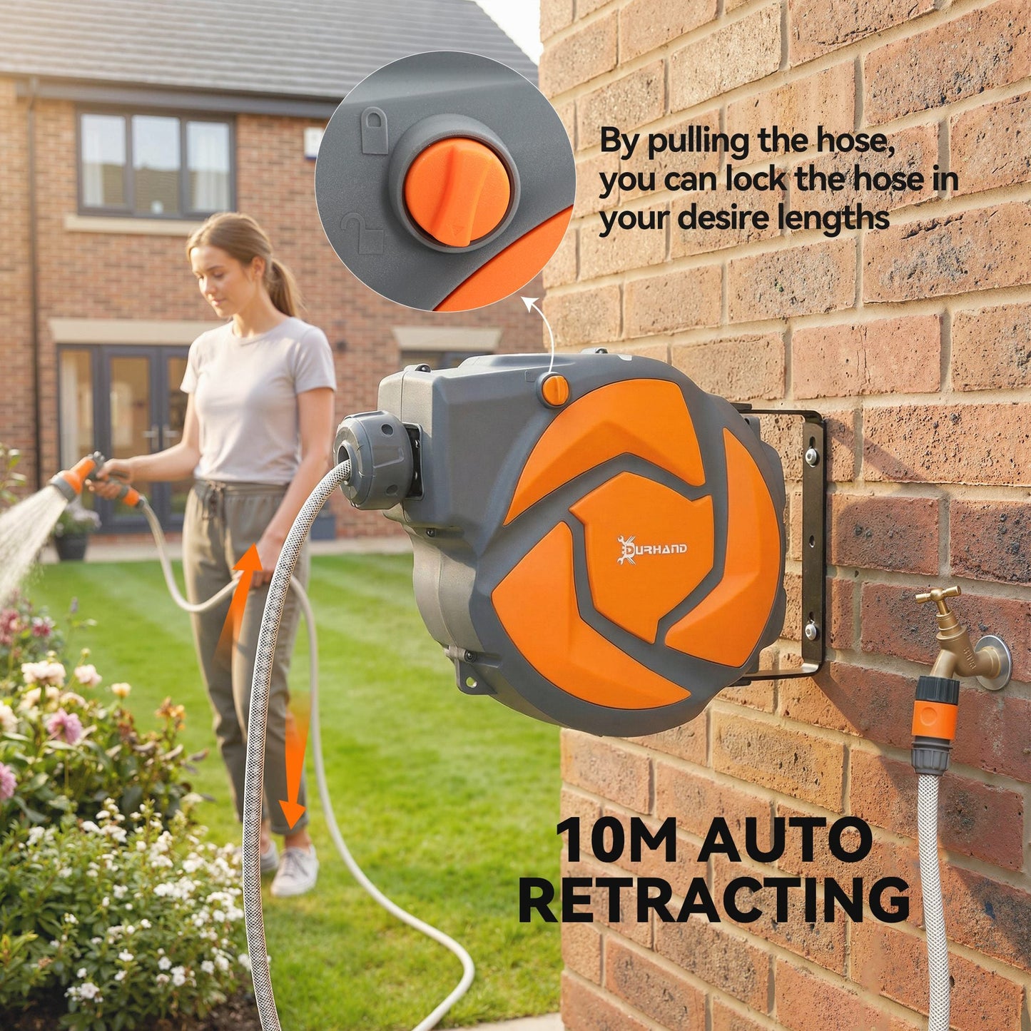 DURHAND 10m Garden Hose Reel Wall Mounted Auto Rewind with 7 Patterns Spray Nozzle, Includes Wall Fixings, Orange