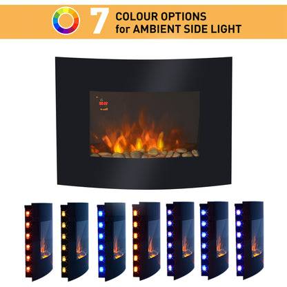 HOMCOM Led Wall Mounted Fireplace Curved Glass Electric Fire Place Fire Place 10 Colour Side Lights Slimline, 900/1800W