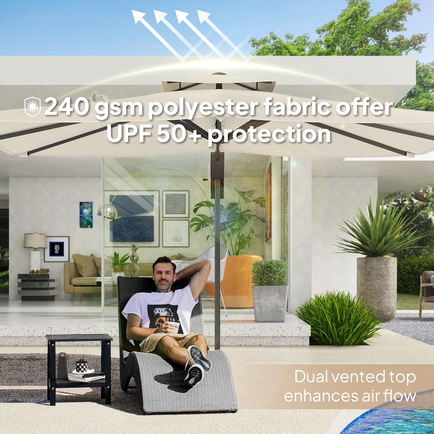 Outsunny 3.7 x 2.7 m Cantilever Parasol w/ 360√Ç¬∞ Rotation and Easy Tilt Adjustment, Aluminium Hanging Offset Outdoor Umbrella w/ Double Top and Cross Base, UPF50+ Hanging Sun Shade, Black