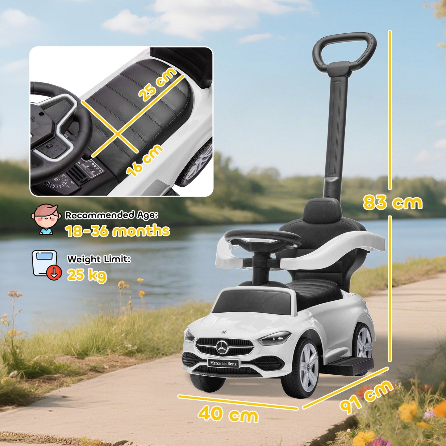 AIYAPLAY 2 in 1 Baby Ride on Push Car Mercedes-Benz C-Class Licensed Walker Foot to Floor Push-Along with Removable Handle, White