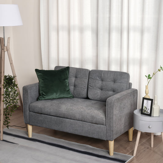 HOMCOM Modern 2 Seater Sofa with Hidden Storage, 117cm Tufted Cotton Couch with Wood Legs, Compact Loveseat for Living Room, Kitchen, Grey
