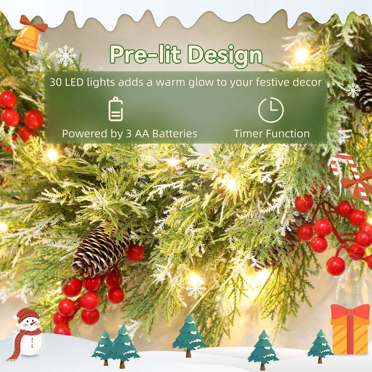 HOMCOM 60 cm Prelit Christmas Wreath in Green and White