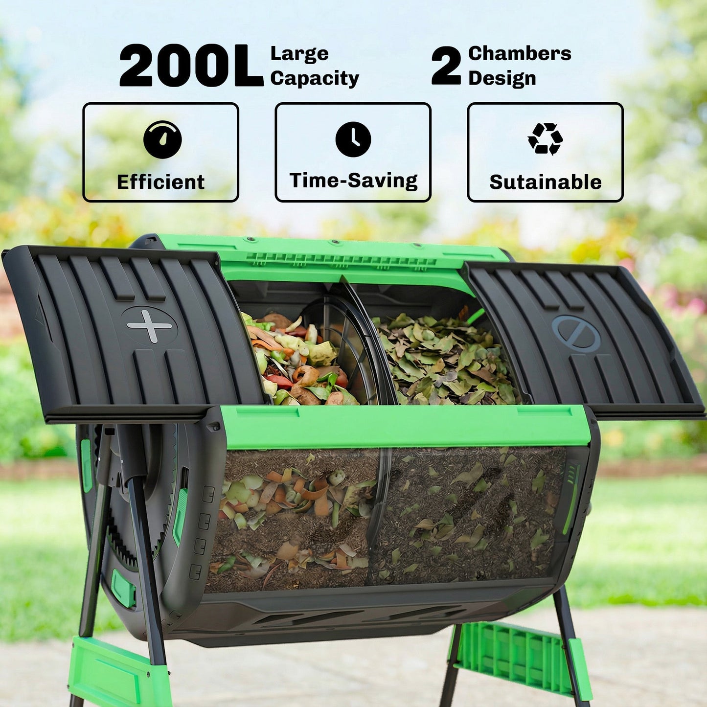 Outsunny Garden Compost Bin, 200L Dual Chamber Tumbling Composter with Adjustable Vents, BPA Free Compost Tumbler, Green