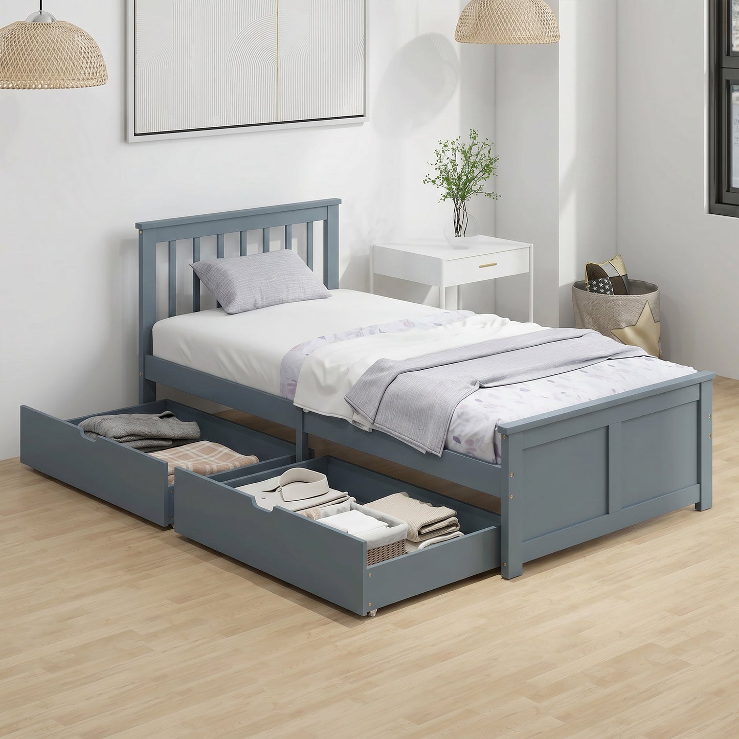 HOMCOM Pine Storage Bed, 3ft Single Solid Wooden Bed Frame with Drawers, Headboard, Wood Slat Support, Grey