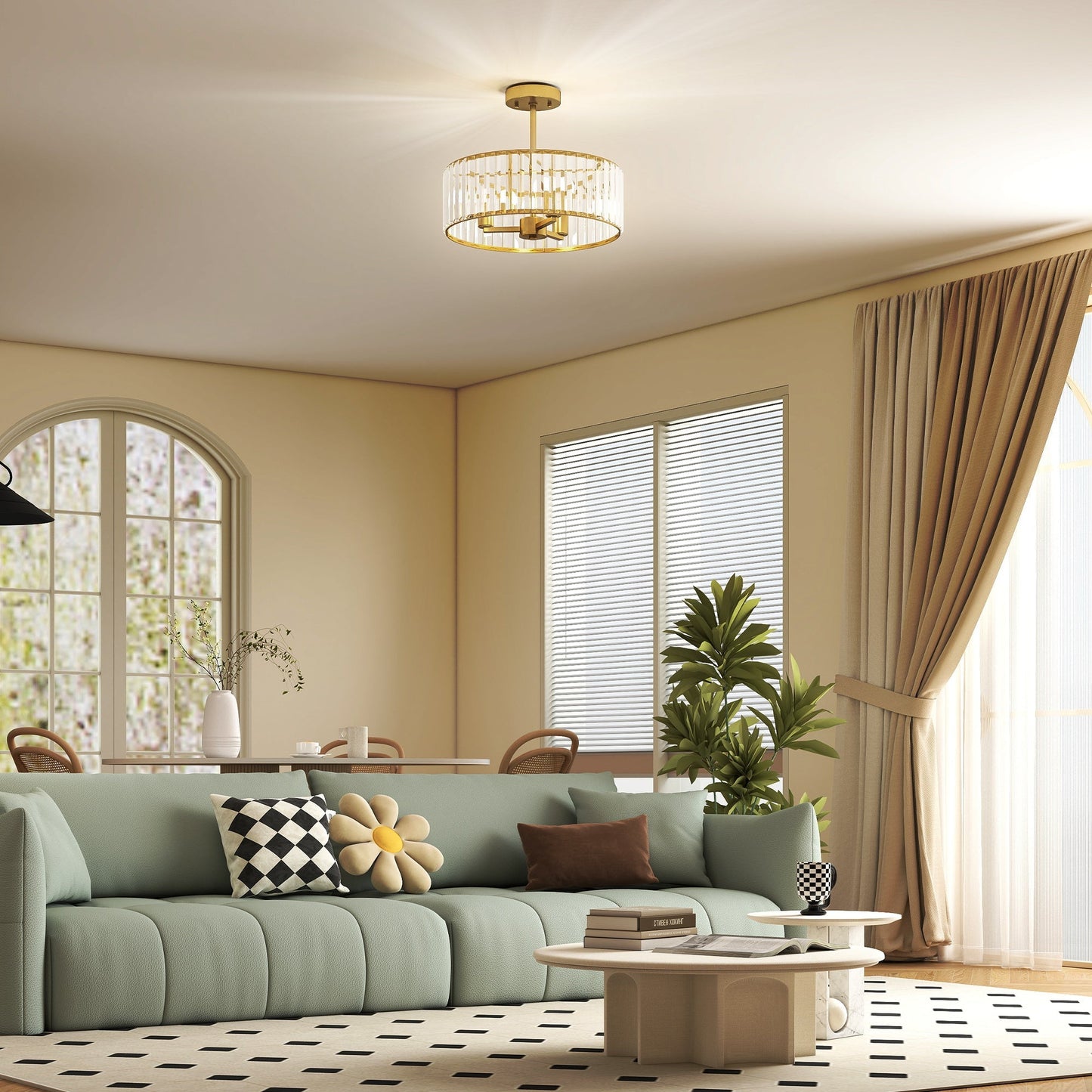 HOMCOM Crystal Ceiling Light Fixture, 39 cm Semi Flush Mount Modern Crystal Chandelier Ceiling Light for Living Room, Bedroom, Hallway, Dining Room, E14 Base 3-Lights, Bulbs Not Included, Gold Tone