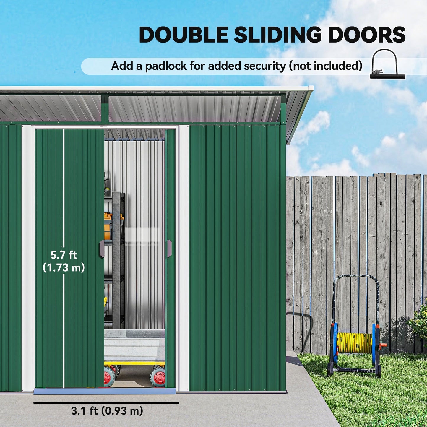 حظيرة خارجية معدنية Outsunny مقاس 8.5 × 4 قدم مع ألواح Sky Light، منزل تخزين أدوات للحديقة ببابين للحديقة والفناء والمسطح الأخضر، أخضر
