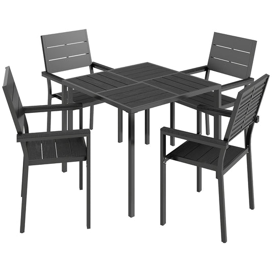 Outsunny 5 Pieces Garden Dining Set, Garden Table and Chairs Set for 4 with Square HDPE Table and Chairs with Armrests, Black