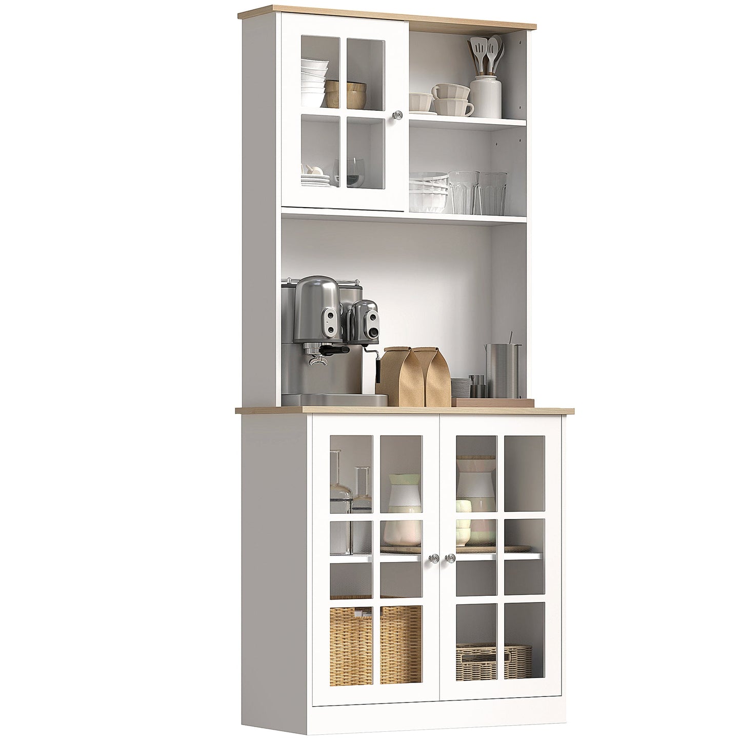 HOMCOM Freestanding Kitchen Cupboard, Tall Storage Cabinet with Doors and Adjustable Shelves, Counter Top, Grid Glass Doors, 80L x 37W x 183H cm - White
