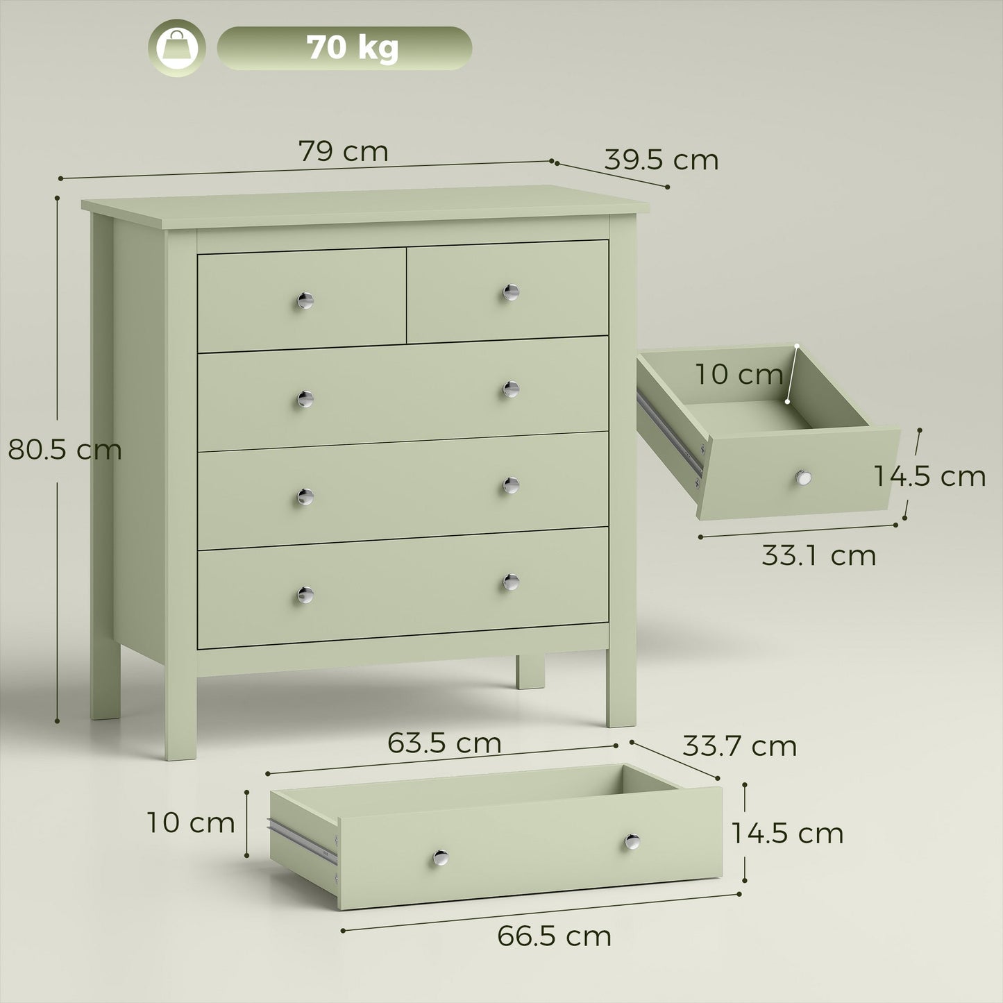 HOMCOM 5 Drawer Dresser for Bedroom, Modern Chest of Drawers, Wide Storage Unit for Living Room, Hallway, Sage Green
