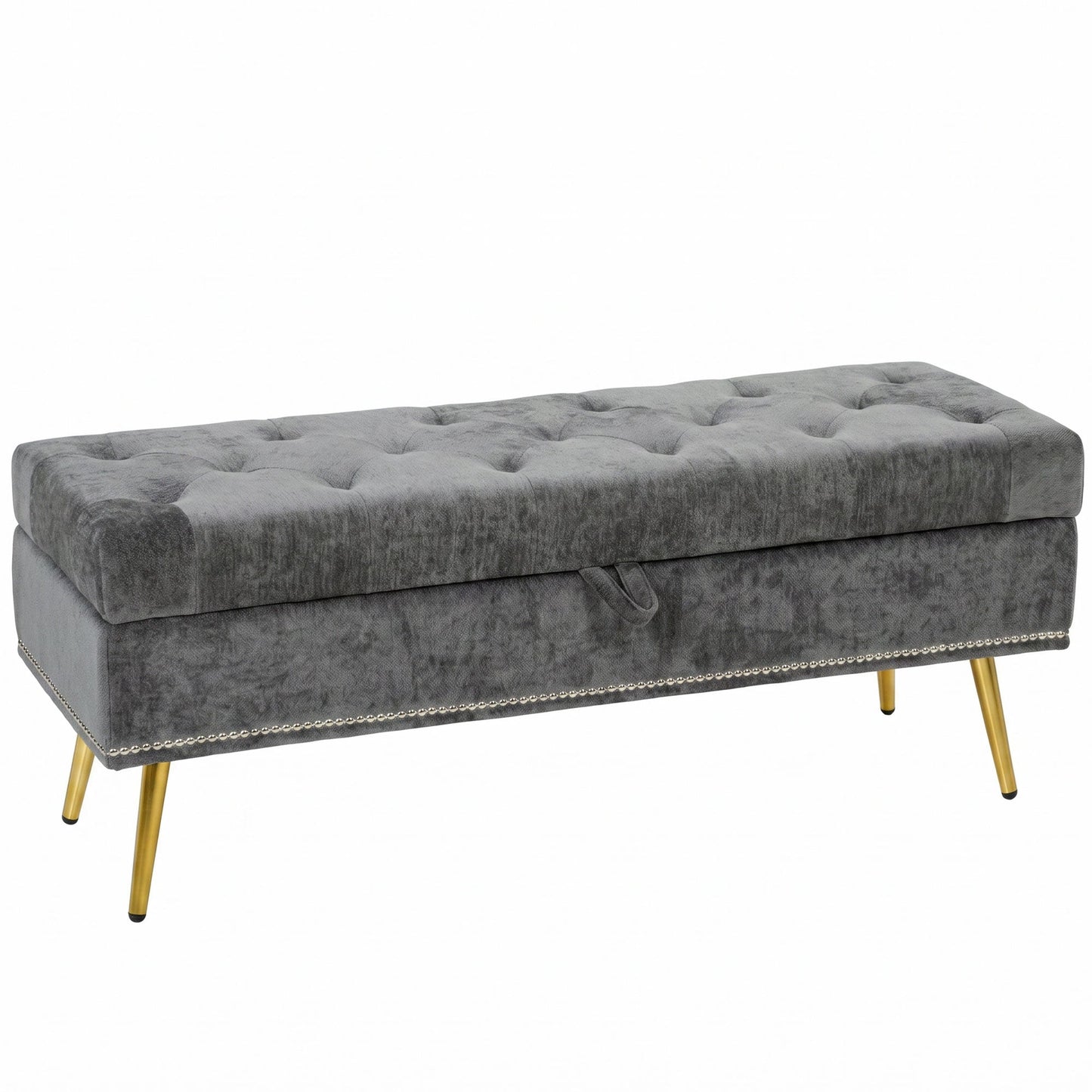 HOMCOM Storage Ottoman, Chenille Upholstered Ottoman Storage Box with Padded Seat, Metal Legs, 114 x 41 x 45 cm, Grey