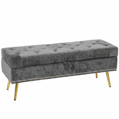 HOMCOM Storage Ottoman, Chenille Upholstered Ottoman Storage Box with Padded Seat, Metal Legs, 114 x 41 x 45 cm, Grey