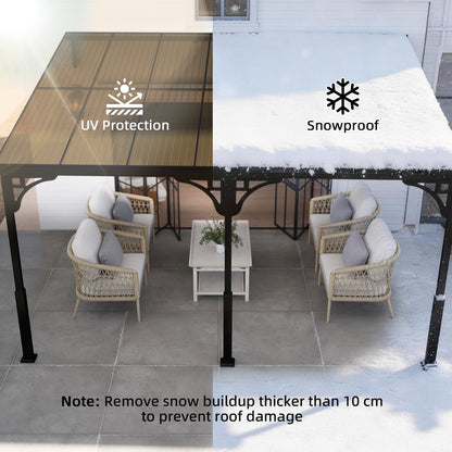 Outsunny 4 x 3 m Metal Lean-to Pergola, Wall-Mounted Garden Pergola with Polycarbonate Roof and Metal-Aluminium Frame, Heavy Duty Hardtop Gazebo for Outdoor Patios, BBQ, Brown