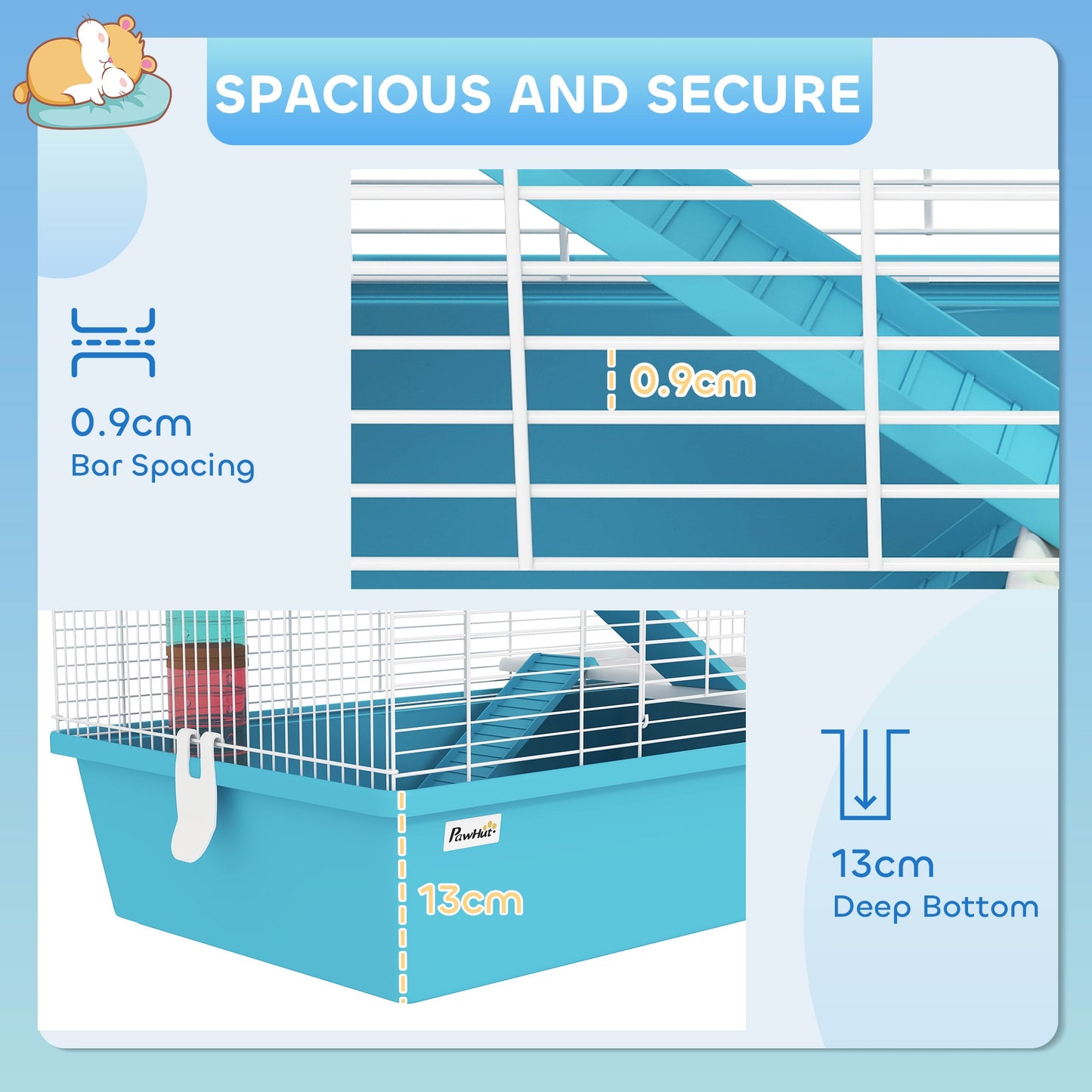 PawHut 4 Tier Hamster Cage w/ Tubes, Exercise Wheel, Hut, Water Bottle, Food Dish, Ramps, for Dwarf Hamster, Light Blue