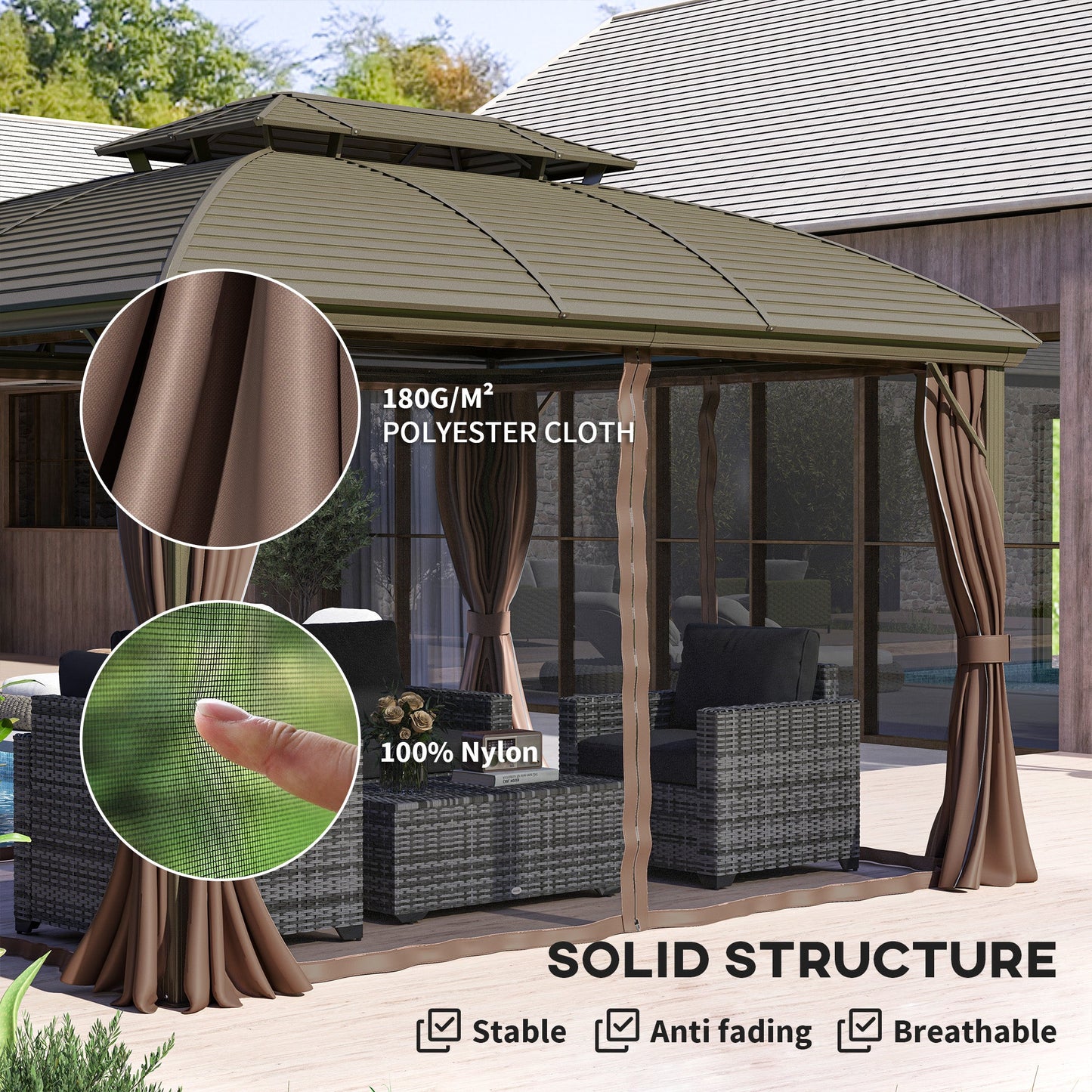 مظلة خارجية Outsunny 3.65 × 3 متر بسقف صلب من الفولاذ مع إطار من الألومنيوم، سقف مزدوج، جدران شبكية وستائر، لون بني