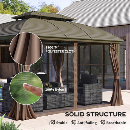 مظلة خارجية Outsunny 3.65 × 3 متر بسقف صلب من الفولاذ مع إطار من الألومنيوم، سقف مزدوج، جدران شبكية وستائر، لون بني