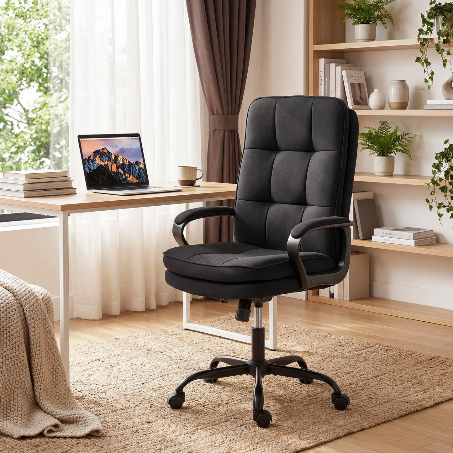 HOMCOM Double Padded Linen-Look Office Chair - Black