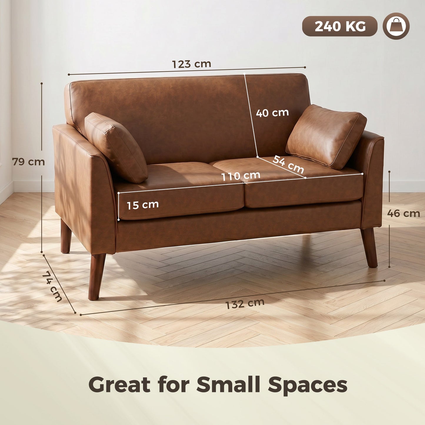 HOMCOM 2 Seater Sofa, 132 cm Modern Small Sofa with Solid Wood Legs and 2 Pillows for Small Space, Brown