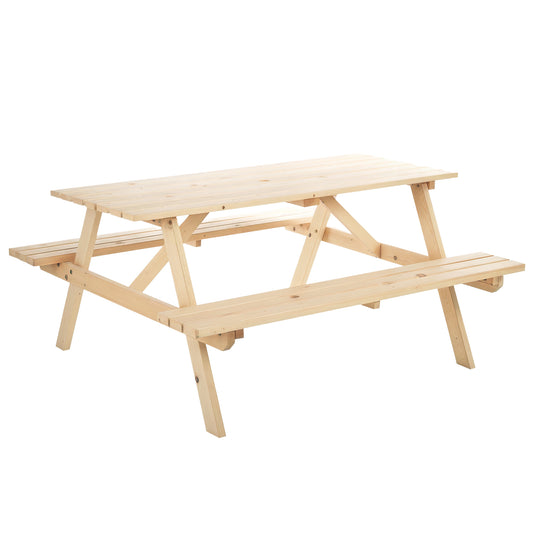 Outsunny 6 Seater Wooden Picnic Table Bench in Natural Wood Colour
