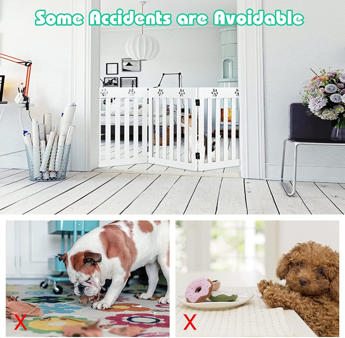 This pet gate prevents dogs from chewing on a rug and a table, with text stating some accidents are avoidable