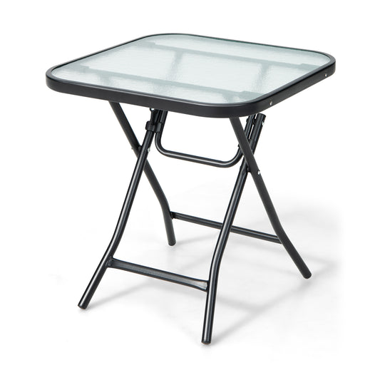 Patio Bistro Table square glass side table with rustproof frame, a folding table with a glass top and black metal legs