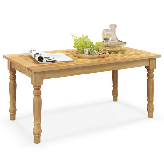 Patio Coffee Table with Solid Teak Wood Structure holding a magazine, grapes, cheese and a wine glass