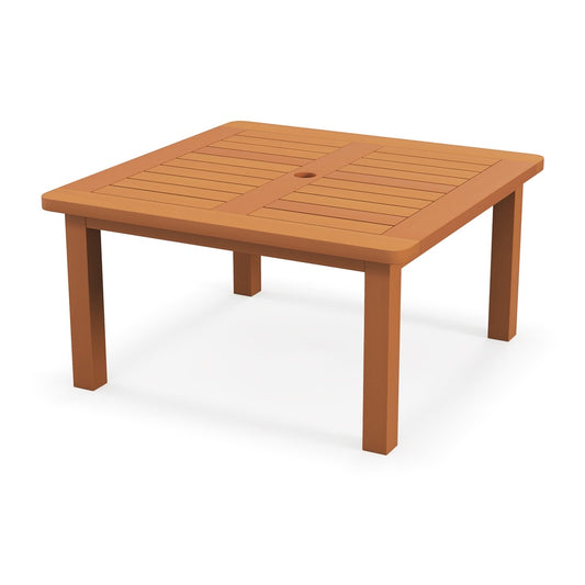 Patio Coffee Table with umbrella hole, a solid wood end table with slatted top and four legs