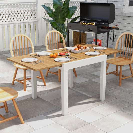 Rectangular aluminum dining table for 4-6 people, shown extended with a leaf