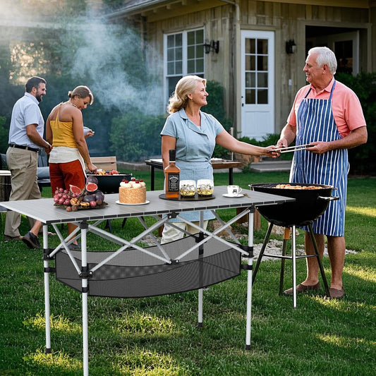 A family enjoying a barbecue with the camping table set up for food and drinks