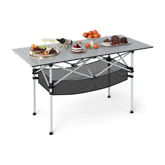 Patio Folding Camping Table with silver roll-up aluminium tabletop and black mesh storage