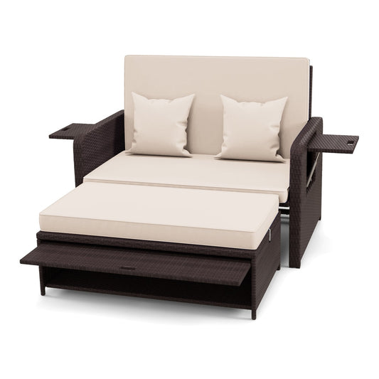 Patio Rattan Daybed Set with Ottoman and Adjustable Backrest with beige cushions and side tables