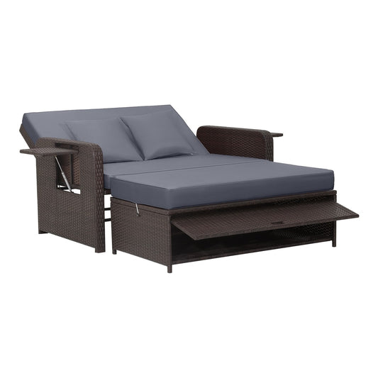 Patio Rattan Daybed Set with Ottoman and Adjustable Backrest in grey, showing the daybed extended with ottoman pulled out