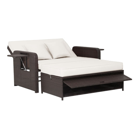 Patio Rattan Daybed Set with Ottoman and Adjustable Backrest in white with brown rattan frame, showing the extended ottoman