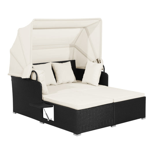 Patio Rattan Daybed with retractable canopy and side trays and cushions in white