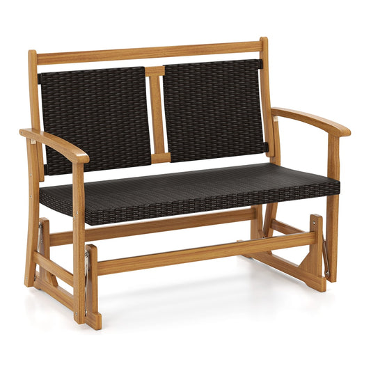 Patio Rattan Glider Bench Swing Gliding Rocker for 2, a two-seater outdoor bench with a woven seat and wooden frame
