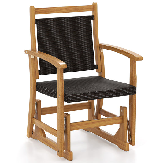 Patio Rattan Glider Chair Swing Gliding Rocker with acacia wood frame, front view