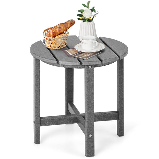 Patio Round HDPE Side Table for Yard Porch Garden in grey, a small circular table with four legs and a slatted top