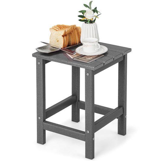 Patio Square HDPE Side Table for Balcony Backyard Lawn in grey, shown with a plate of toast and a cup of tea on top