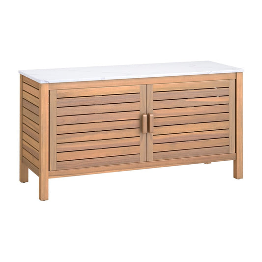 Patio Storage Cabinet with two slatted doors and a faux marble top