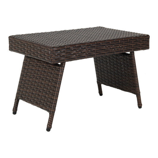 Patio Wicker Folding Coffee Table with Sturdy Steel Frame, a brown woven rectangular table on a white background