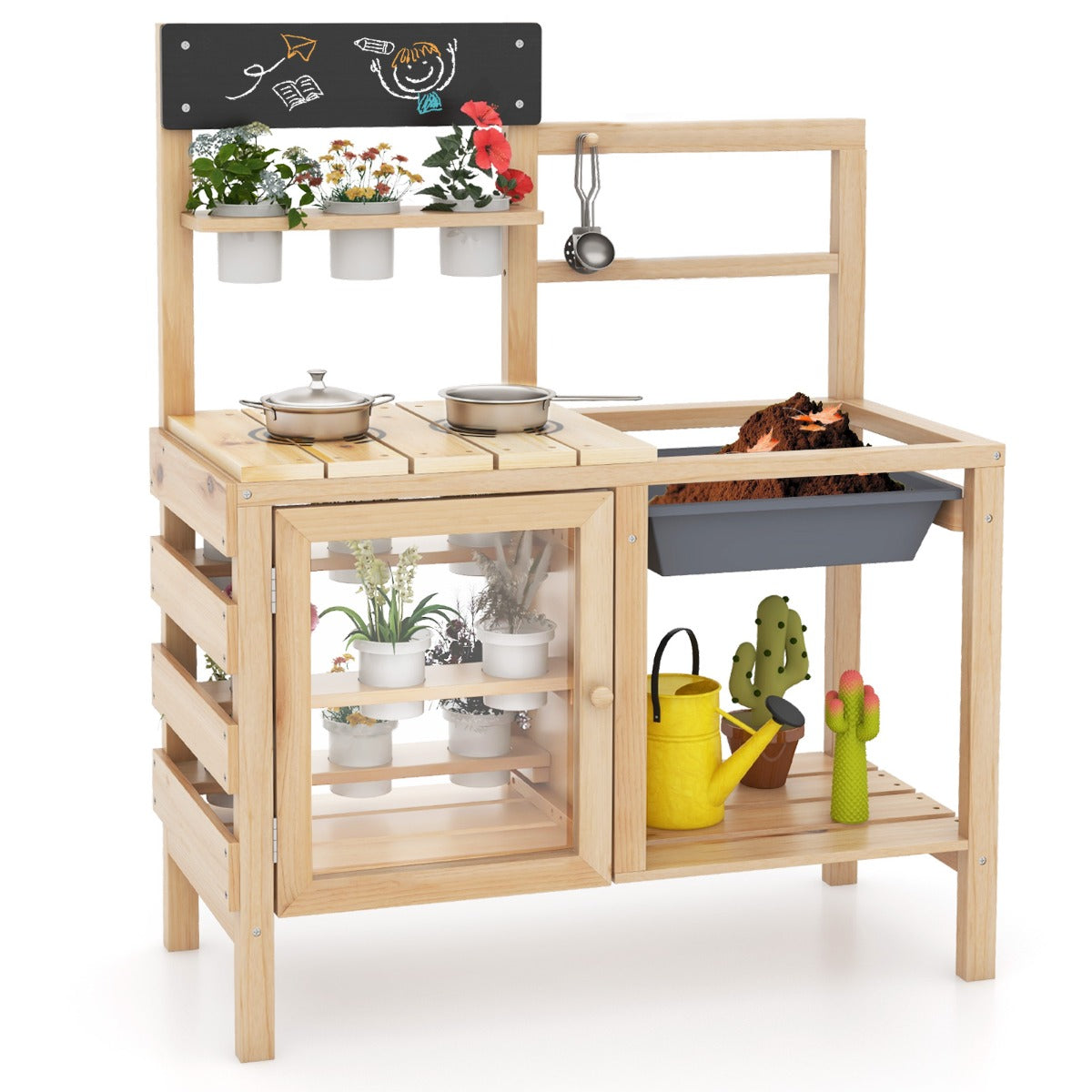 Patio Wooden Pretend Play Kitchen with a chalkboard, pots, and a storage cupboard on a white background