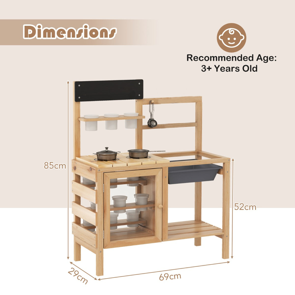 The play kitchen set showing height, width, and depth measurements with a recommended age label