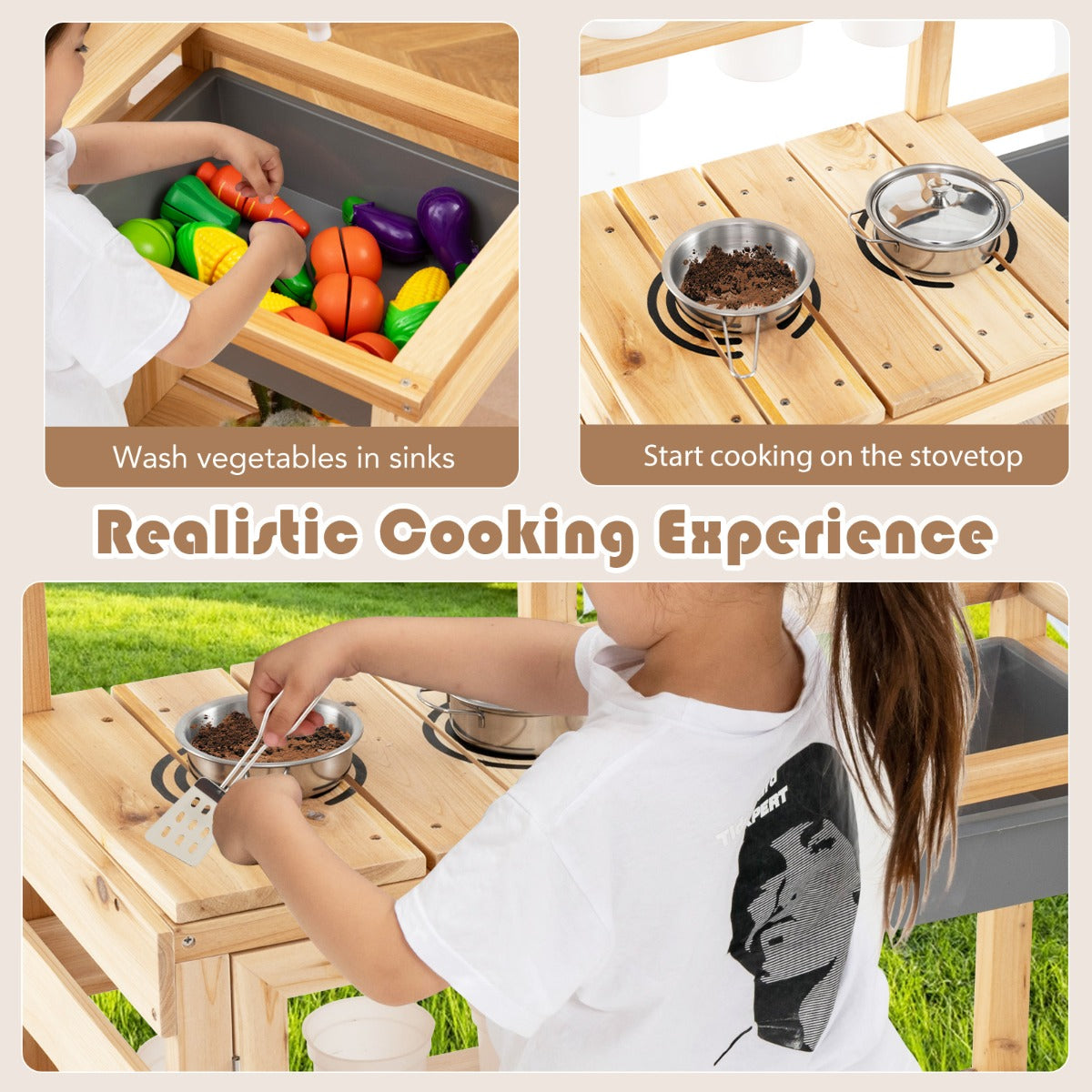 The play kitchen set with inset boxes showing a child washing vegetables and cooking on the stove