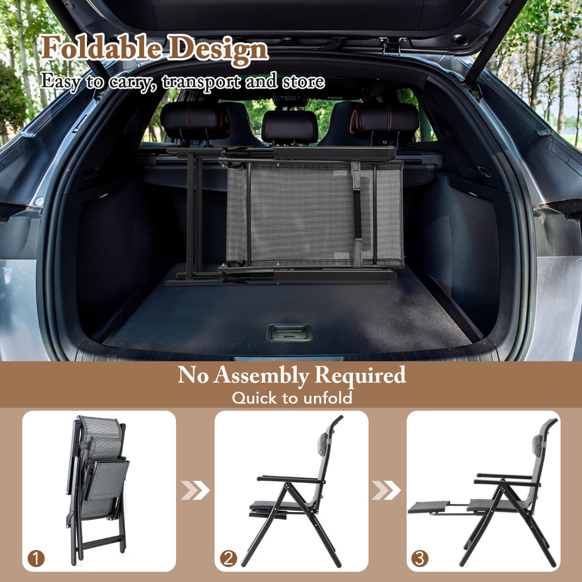 Folding Patio Chair with 10-Level Adjustable Backrest and Armrests-Grey