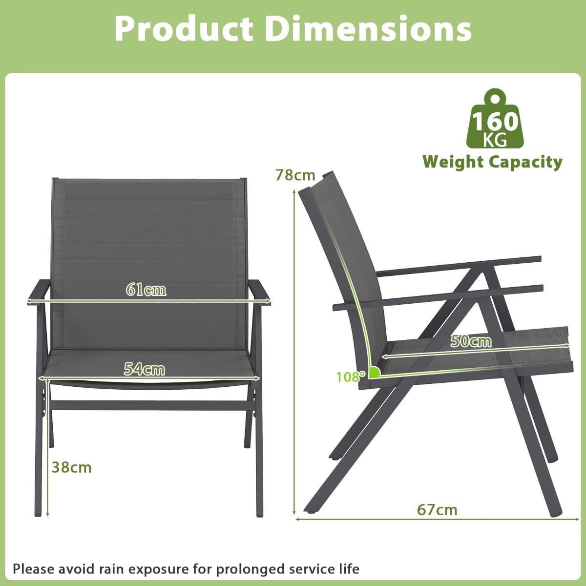Patio Chairs Set of 2 with Breathable Mesh Fabric and Metal Frame-Grey