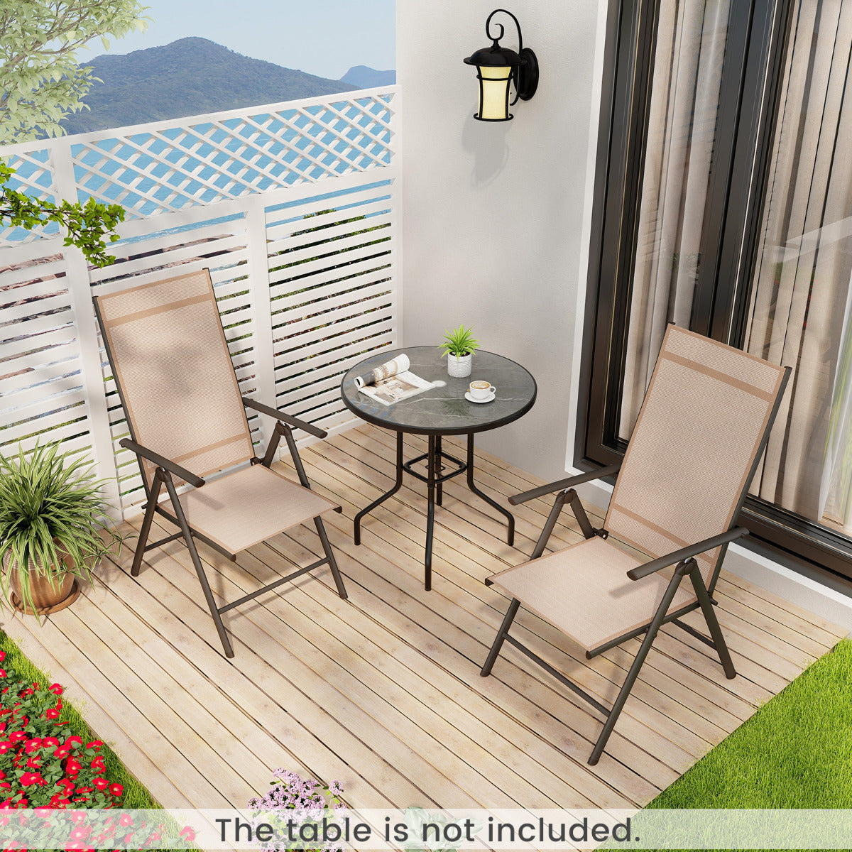 Patio Folding Dining Chairs Set of 2 with 7-Level Adjustable High Backrest-Brown