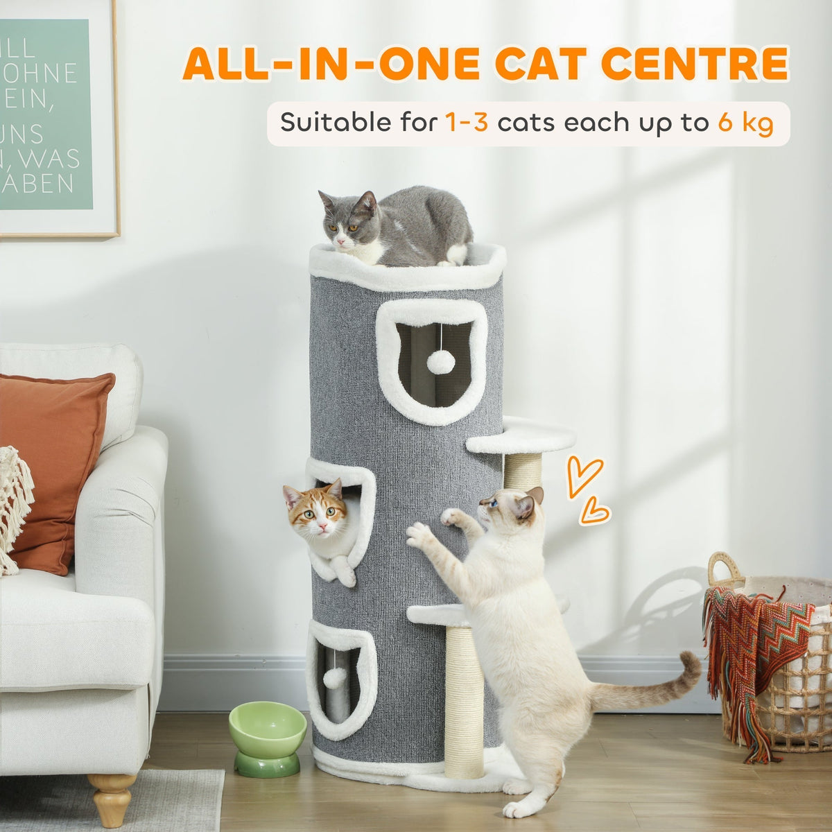 Several cats interacting with the cat tree in a living room
