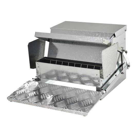PawHut 11.5KG Automatic Chicken Poultry Feeder Rat Proof Treadle Self Opening, a metal feeder with a treadle plate