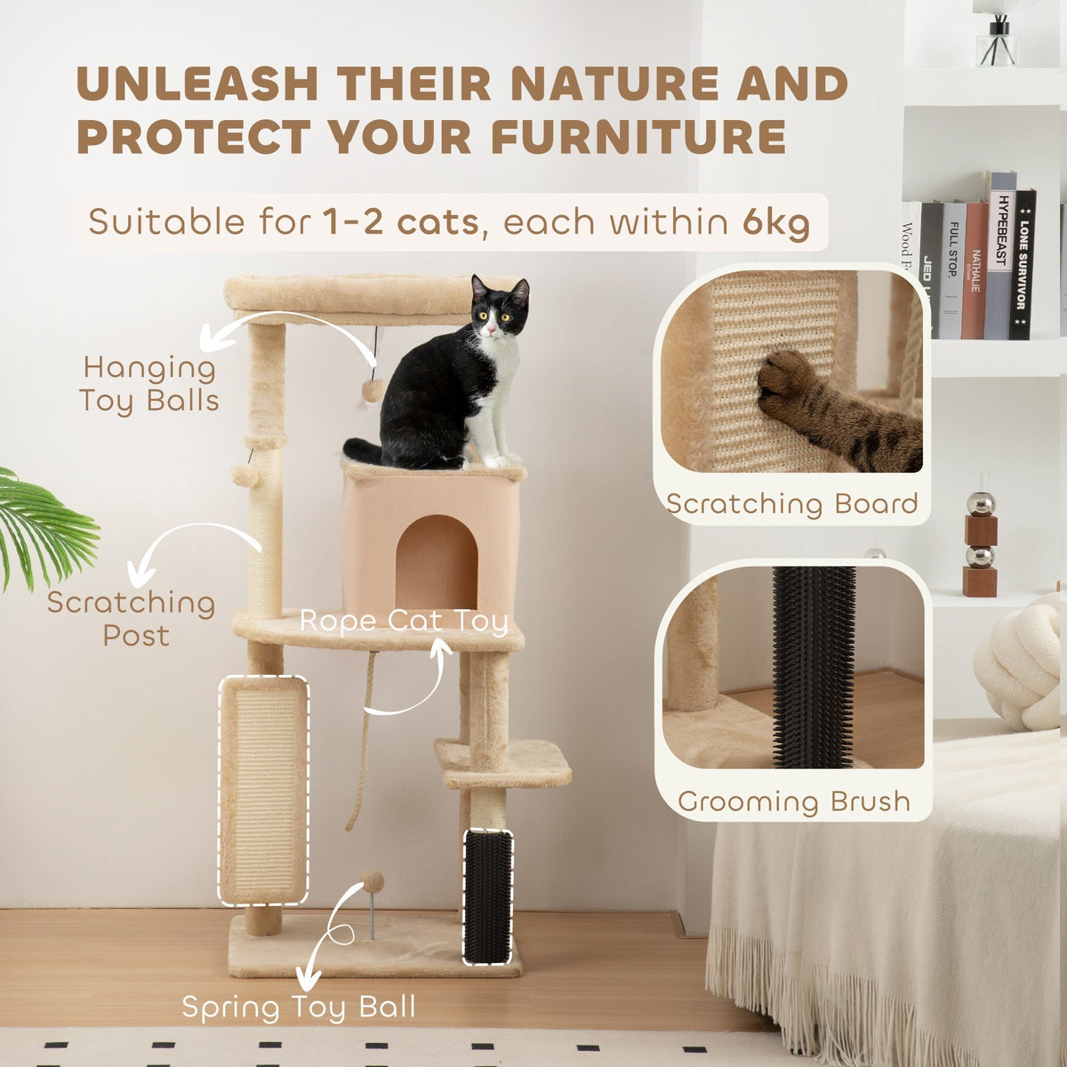 The cat tree with labels pointing to the scratching board, grooming brush and toy balls