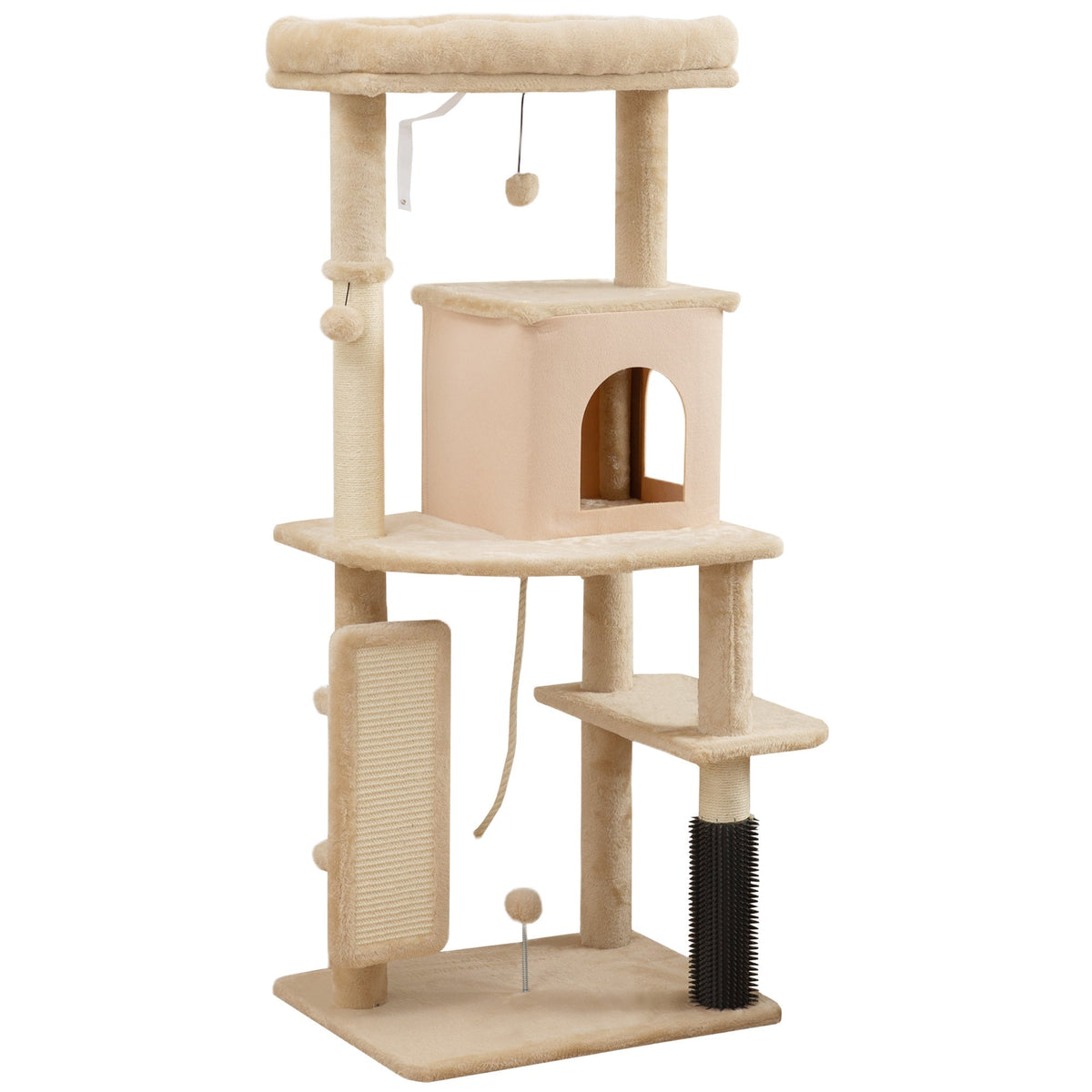 PawHut 132cm Cat Tree w/ Scratching Posts showing the full beige structure on a white background